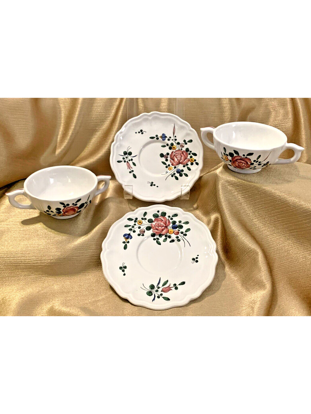 VTG Deruta Italy Majolica Hand-Painted 2-Handle Tea Cup & Saucer Set 4pc Floral